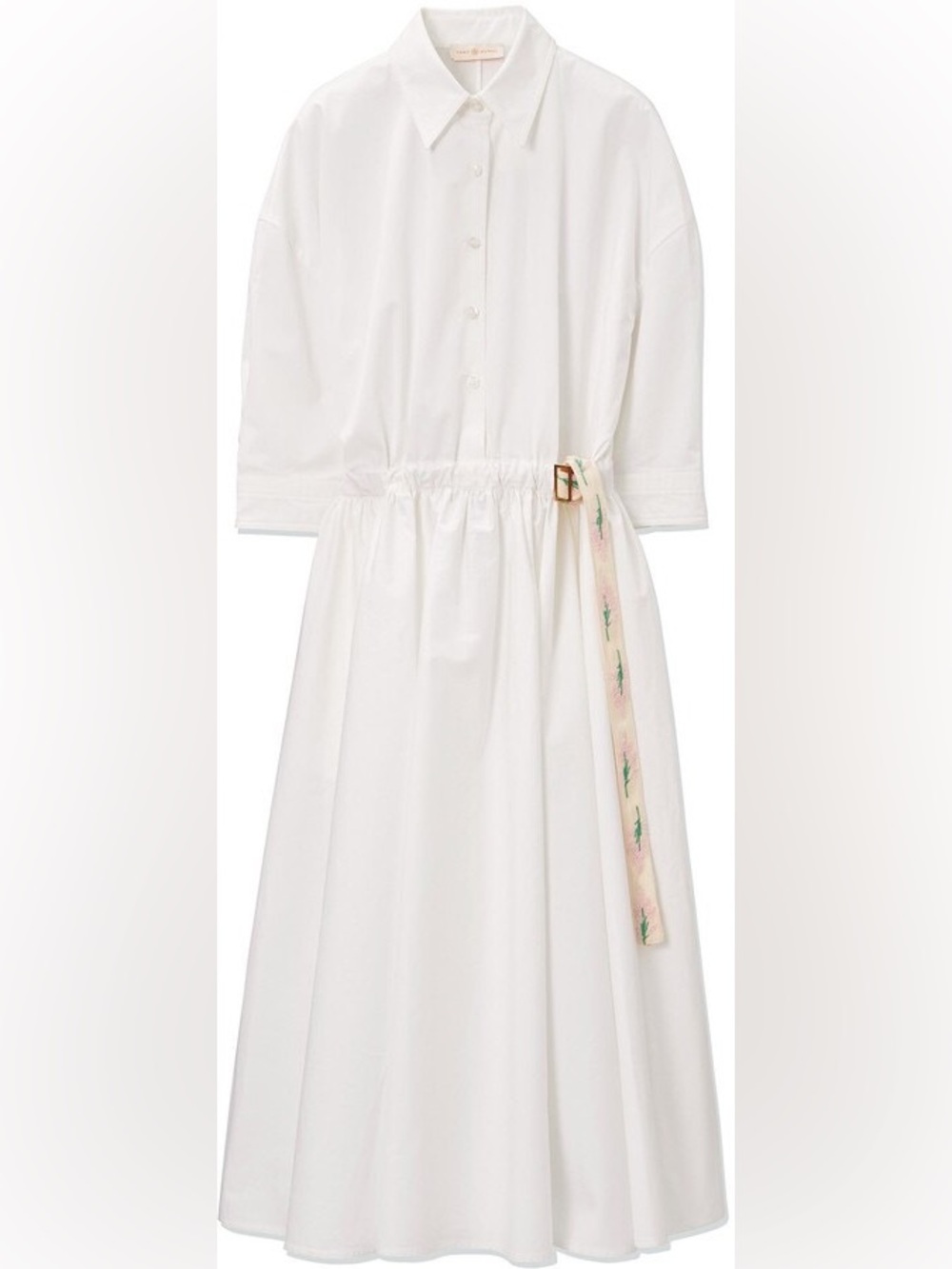 Tory Burch White Poplin Shirt Dress with Floral Belt